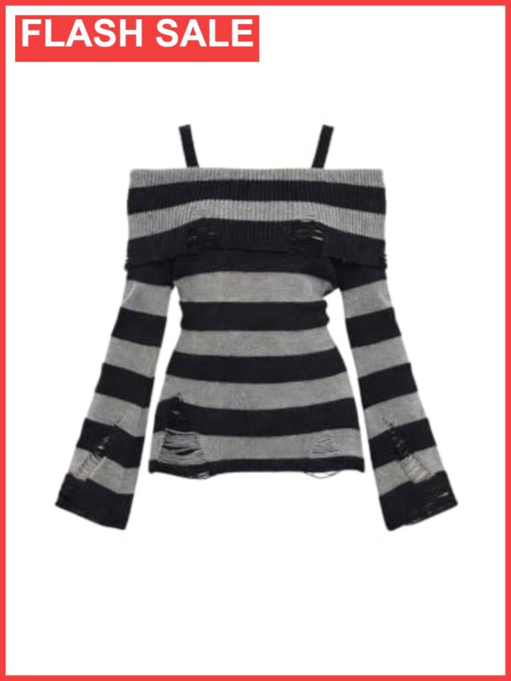 Womens Off Shoulder Striped Sweater Cinched Waist Distressed Pullover